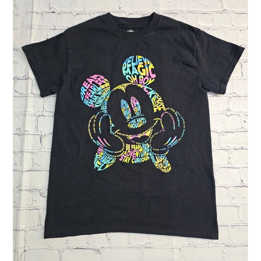 Disney Mickey Mouse Black T-Shirt S Colorful Graphic Words 100% Cotton Pre-Owned